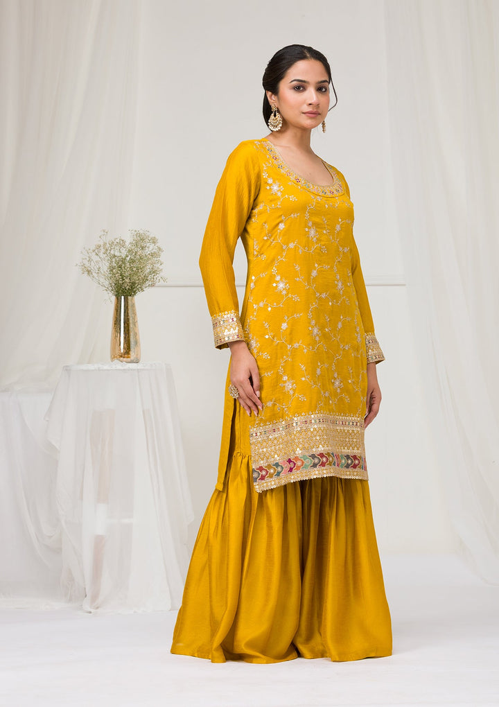 Mustard Zariwork Raw Silk Readymade Salwar Suit-Koskii
