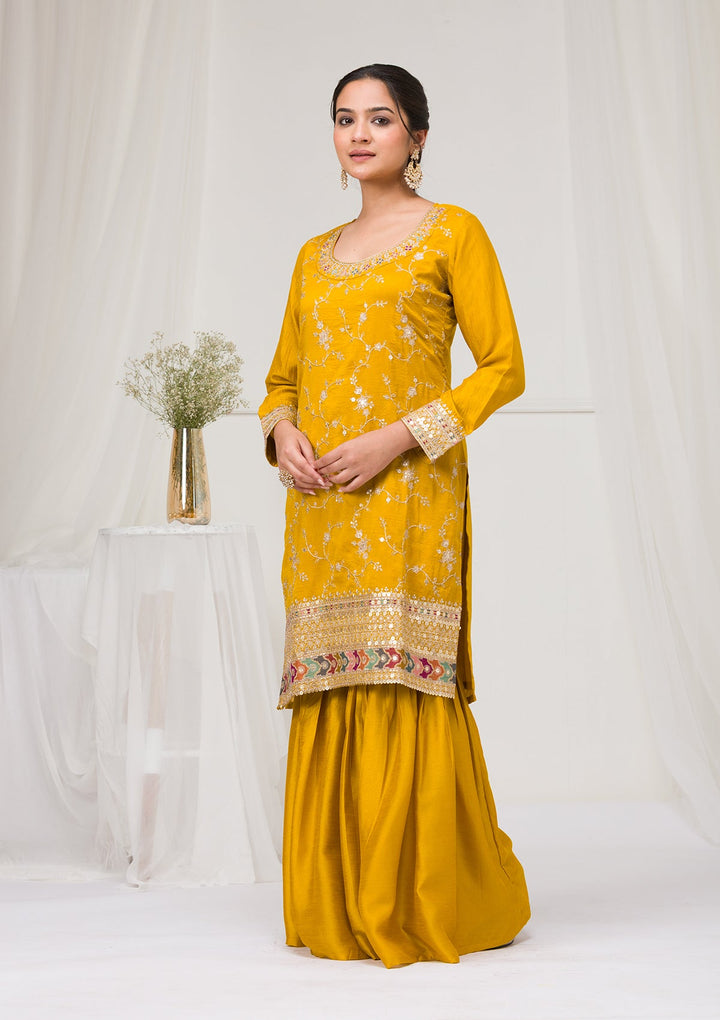 Mustard Zariwork Raw Silk Readymade Salwar Suit-Koskii