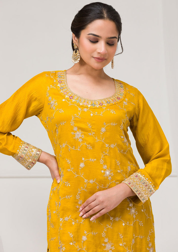 Mustard Zariwork Raw Silk Readymade Salwar Suit-Koskii