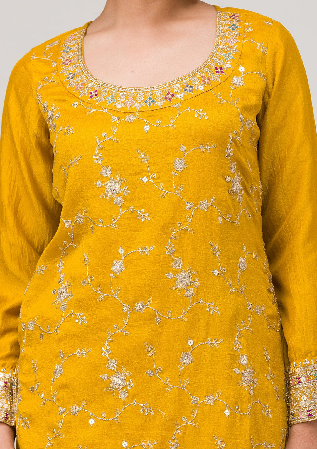 Mustard Zariwork Raw Silk Readymade Salwar Suit-Koskii