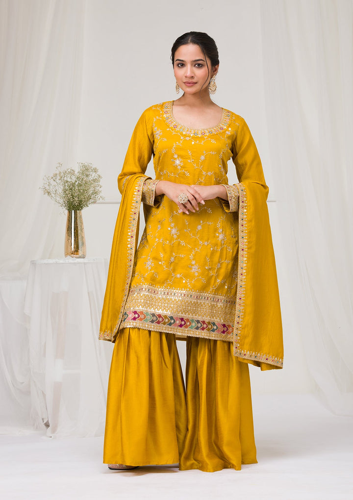 Mustard Zariwork Raw Silk Readymade Salwar Suit-Koskii