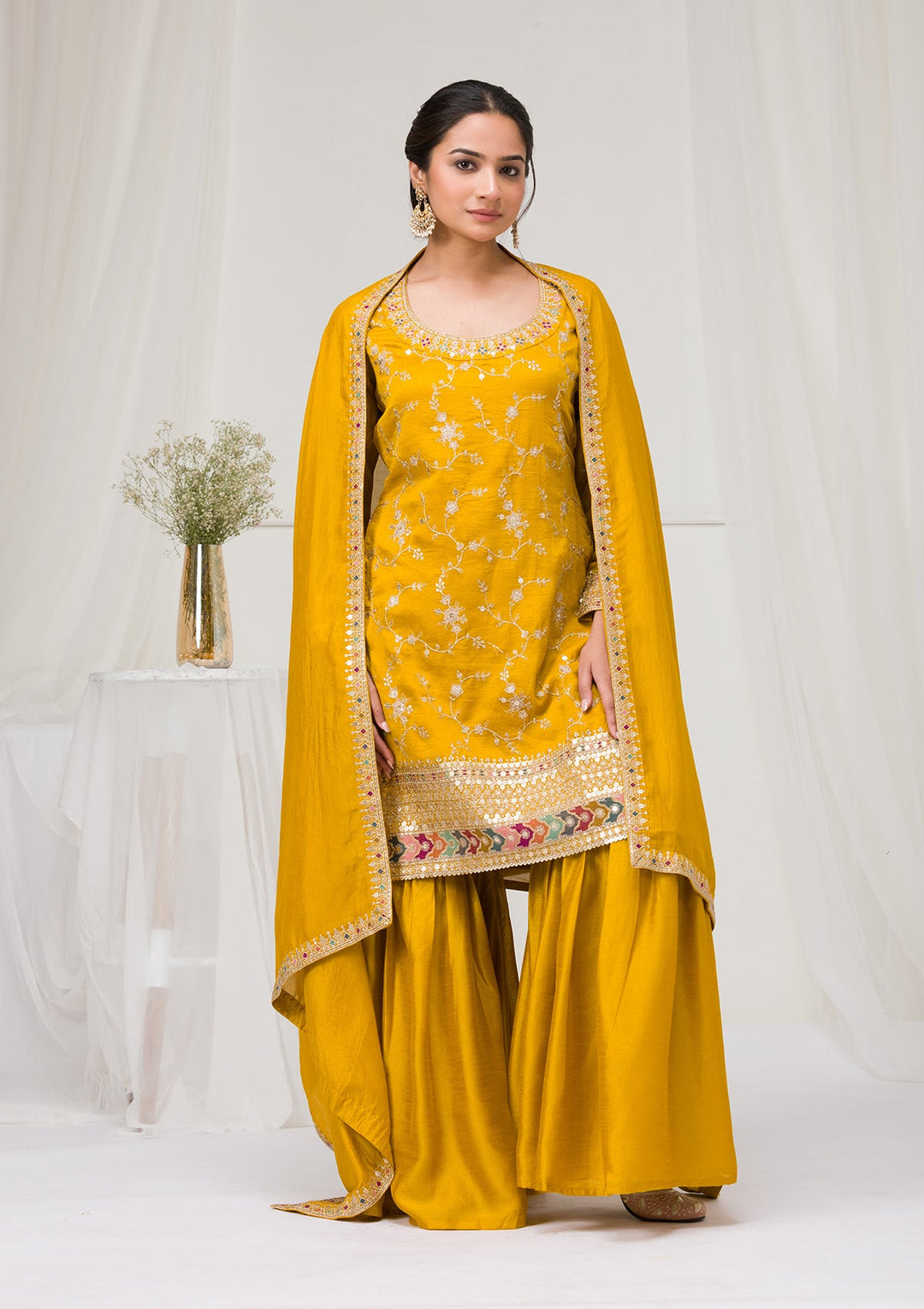 Mustard Zariwork Raw Silk Readymade Salwar Suit-Koskii