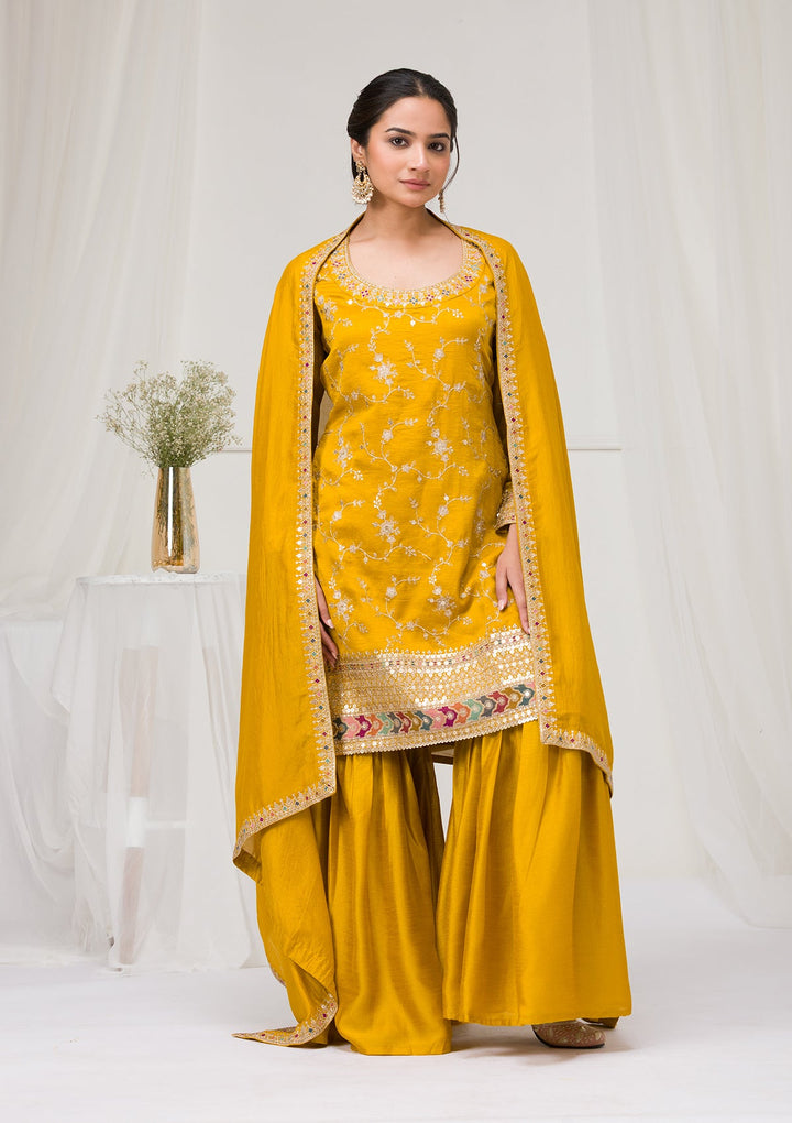 Mustard Zariwork Raw Silk Readymade Salwar Suit-Koskii