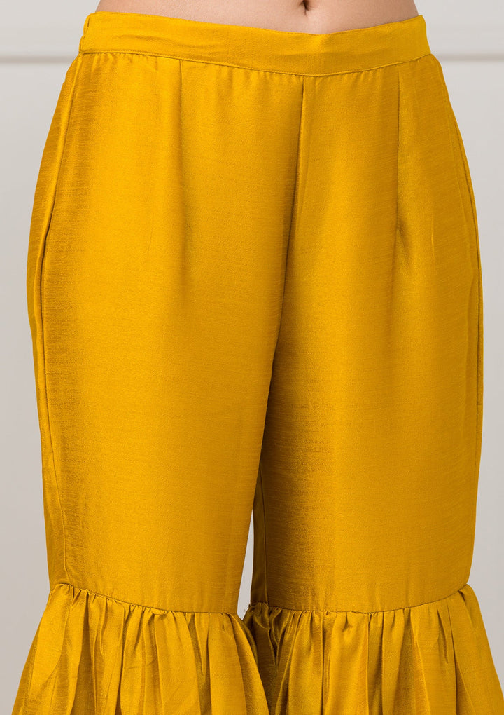 Mustard Zariwork Raw Silk Readymade Salwar Suit-Koskii