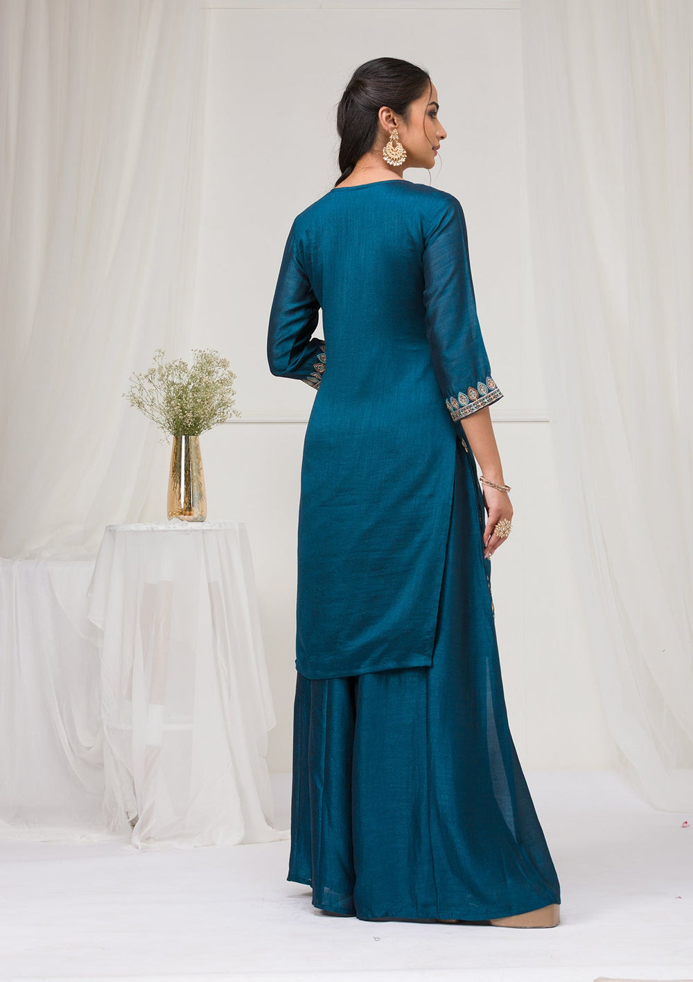 Peacock Blue Threadwork Raw Silk Readymade Salwar Suit-Koskii
