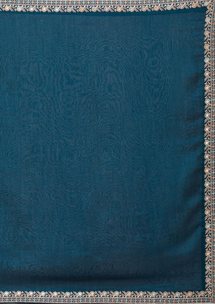 Peacock Blue Threadwork Raw Silk Readymade Salwar Suit-Koskii