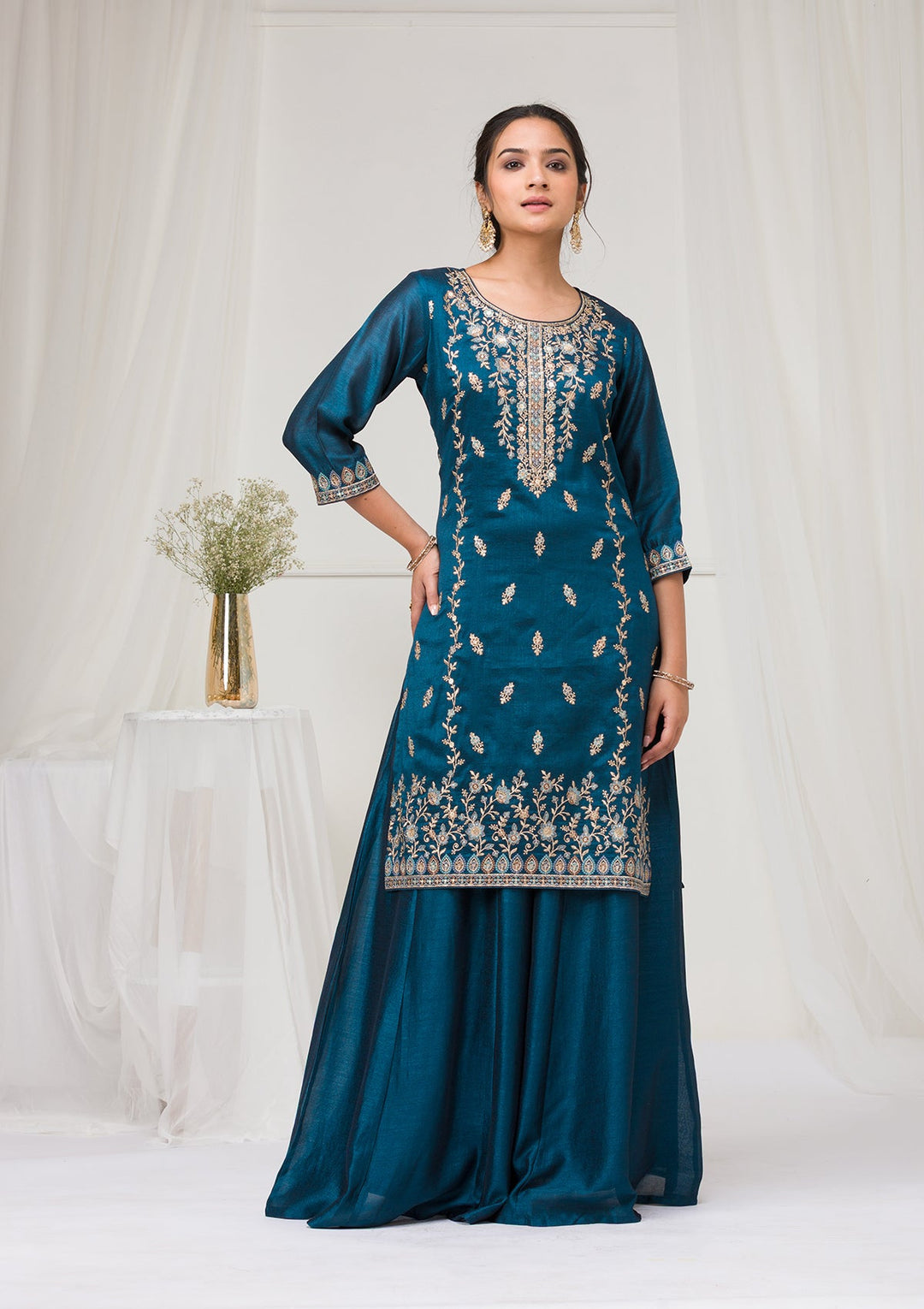Peacock Blue Threadwork Raw Silk Readymade Salwar Suit-Koskii