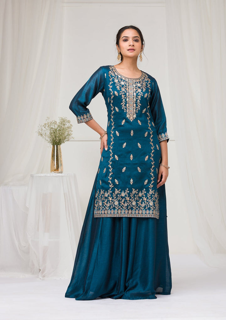 Peacock Blue Threadwork Raw Silk Readymade Salwar Suit-Koskii