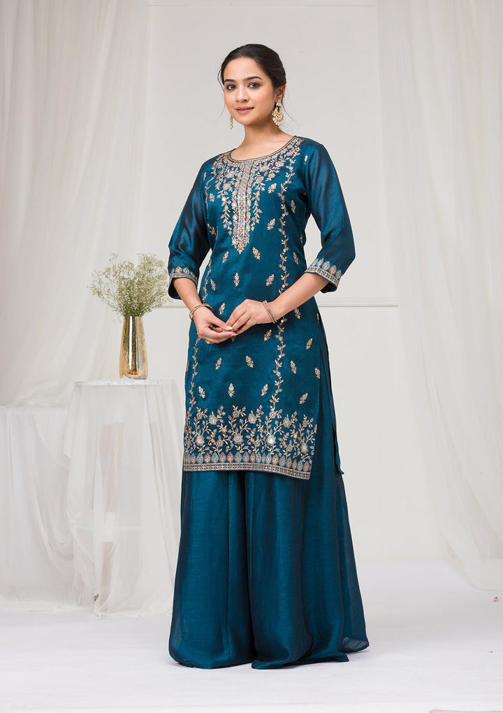 Peacock Blue Threadwork Raw Silk Readymade Salwar Suit-Koskii