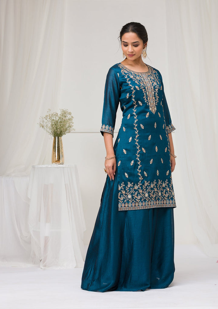 Peacock Blue Threadwork Raw Silk Readymade Salwar Suit-Koskii