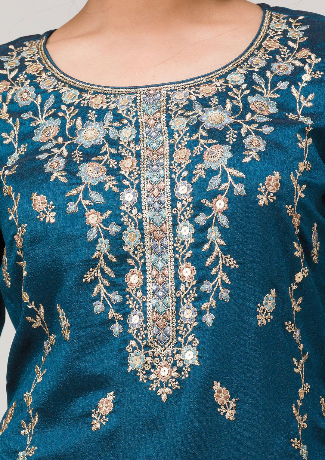 Peacock Blue Threadwork Raw Silk Readymade Salwar Suit-Koskii
