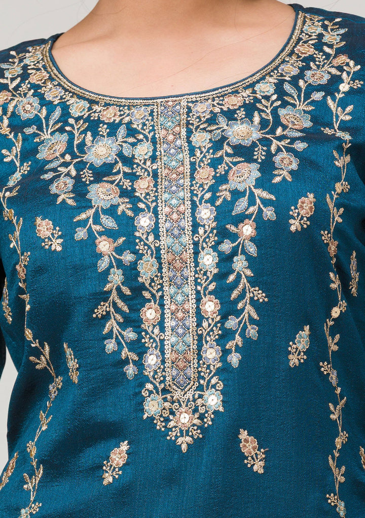 Peacock Blue Threadwork Raw Silk Readymade Salwar Suit-Koskii