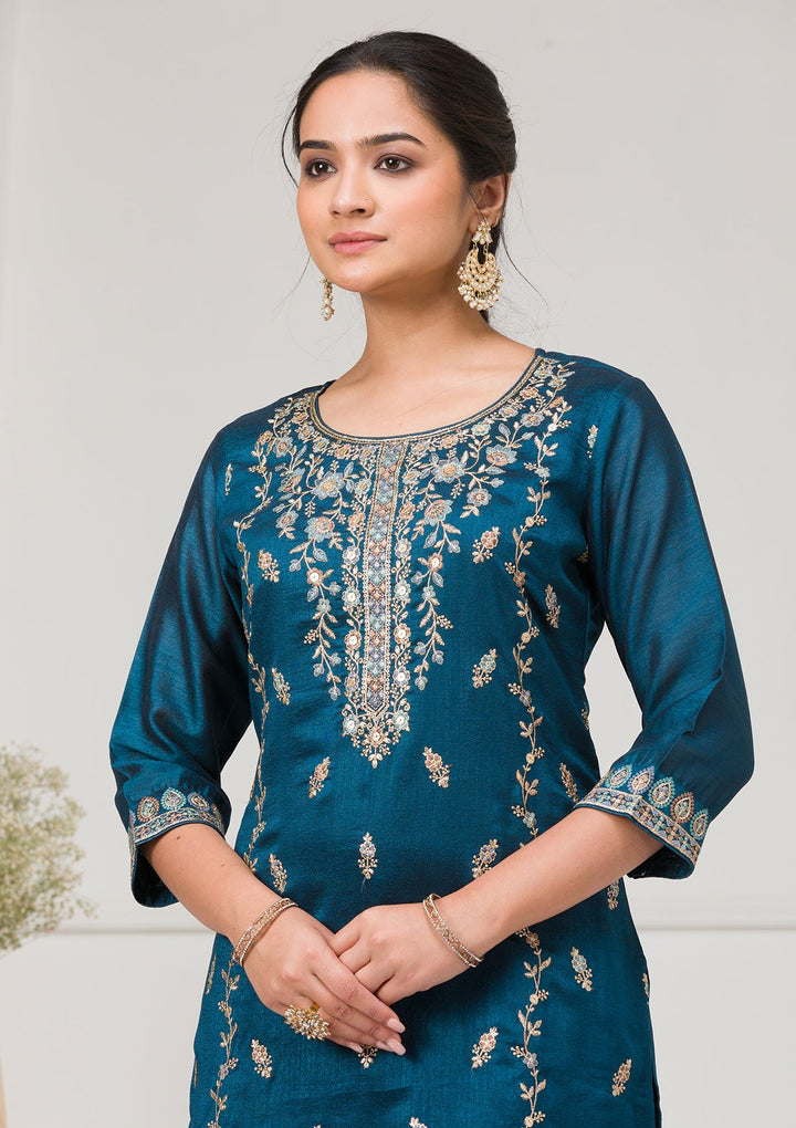 Peacock Blue Threadwork Raw Silk Readymade Salwar Suit-Koskii