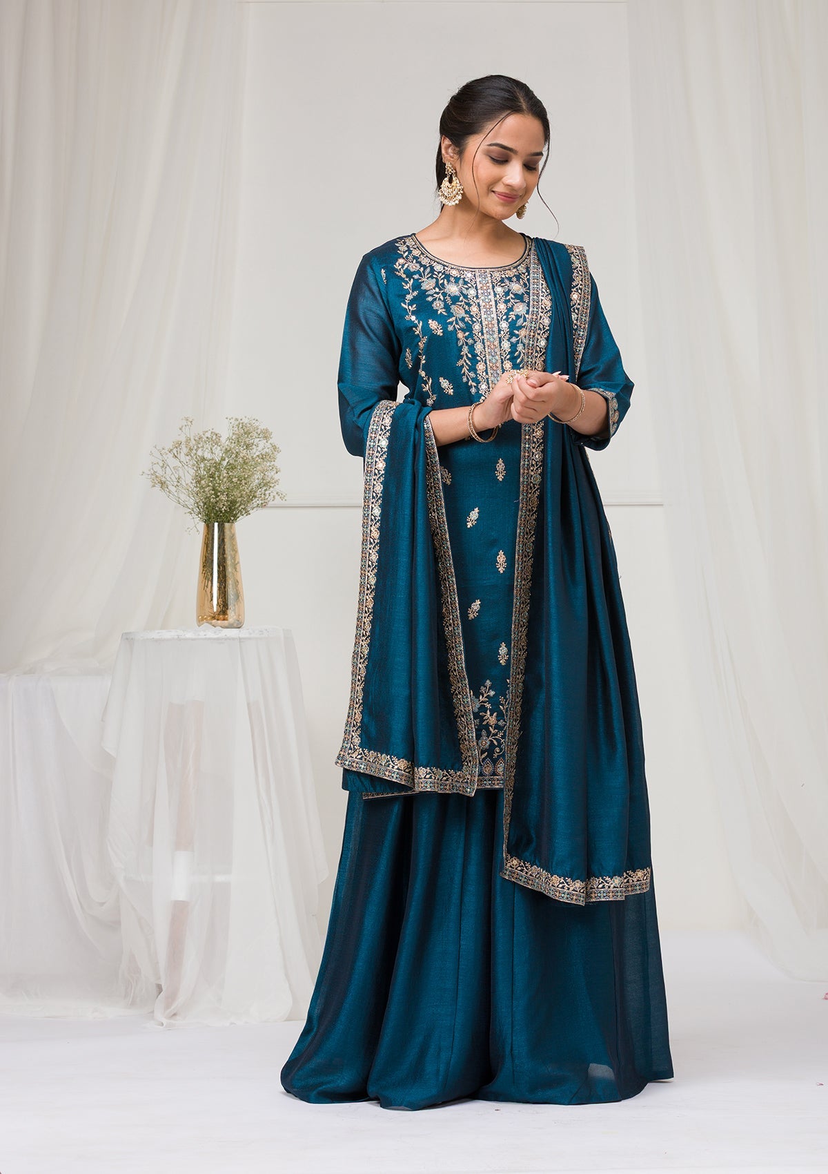 Peacock Blue Threadwork Raw Silk Readymade Salwar Suit-Koskii