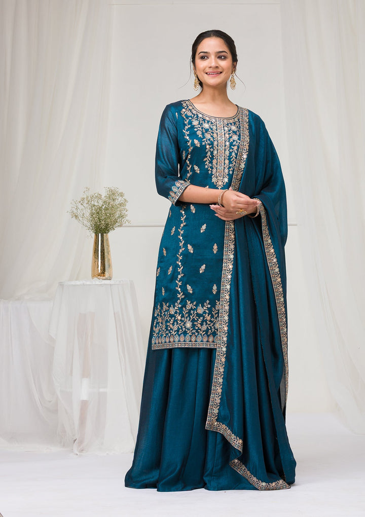 Peacock Blue Threadwork Raw Silk Readymade Salwar Suit-Koskii