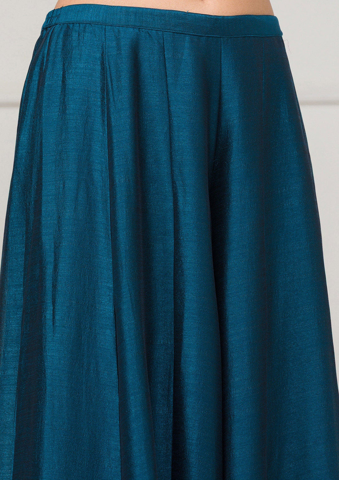 Peacock Blue Threadwork Raw Silk Readymade Salwar Suit-Koskii