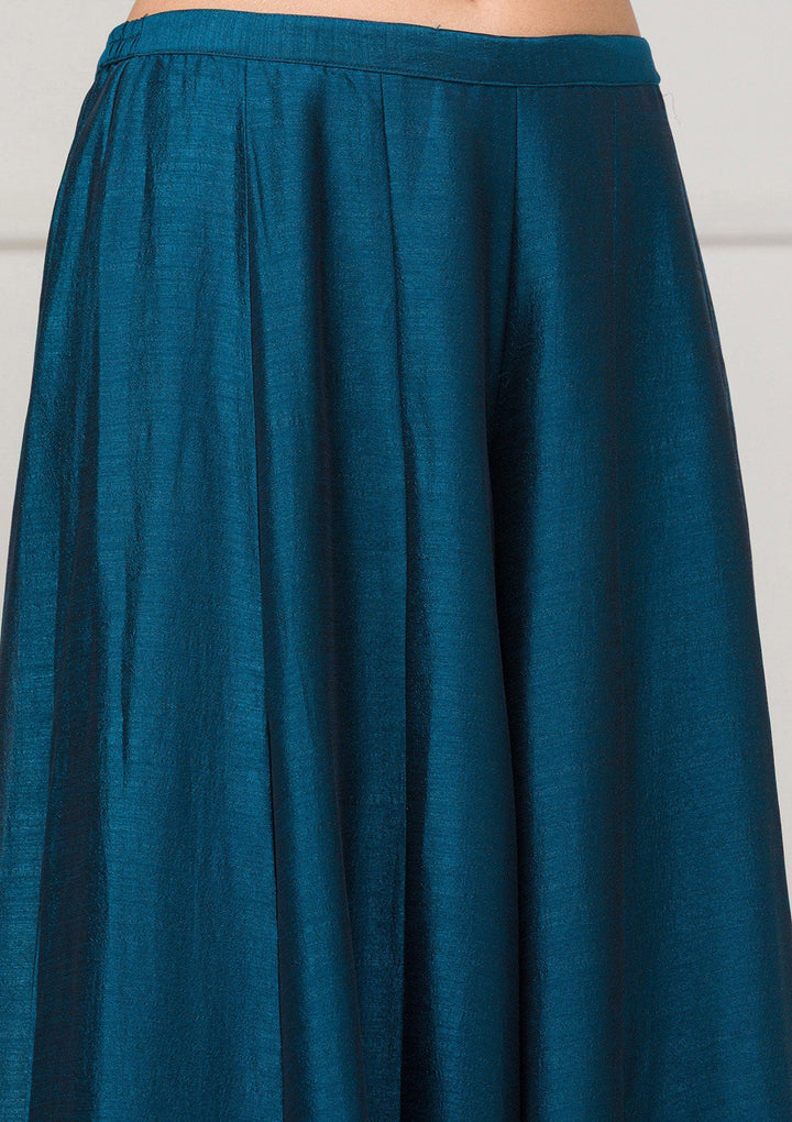 Peacock Blue Threadwork Raw Silk Readymade Salwar Suit-Koskii