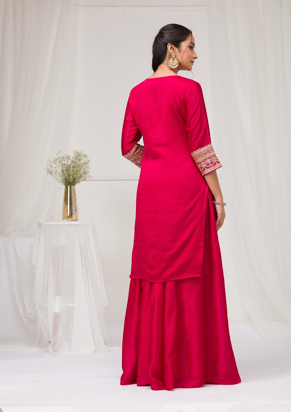 Rani Pink Zariwork Raw Silk Readymade Salwar Suit-Koskii