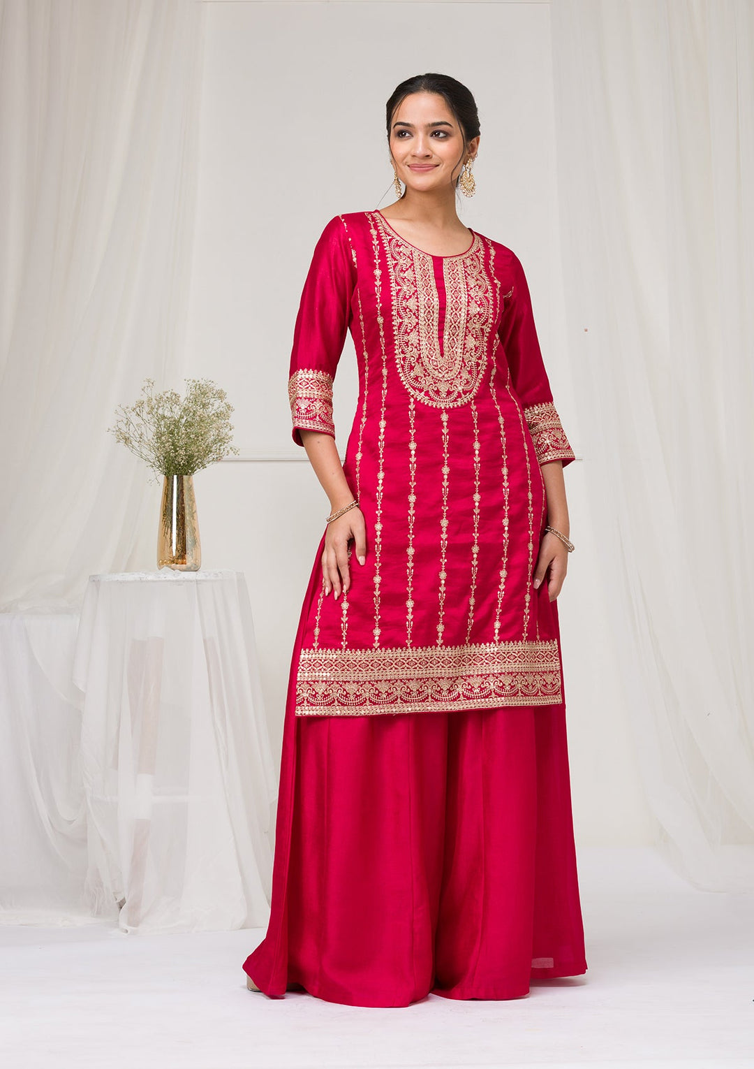 Rani Pink Zariwork Raw Silk Readymade Salwar Suit-Koskii