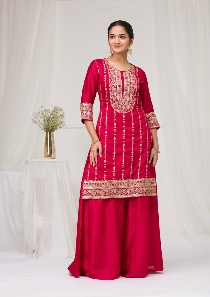 Rani Pink Zariwork Raw Silk Readymade Salwar Suit-Koskii