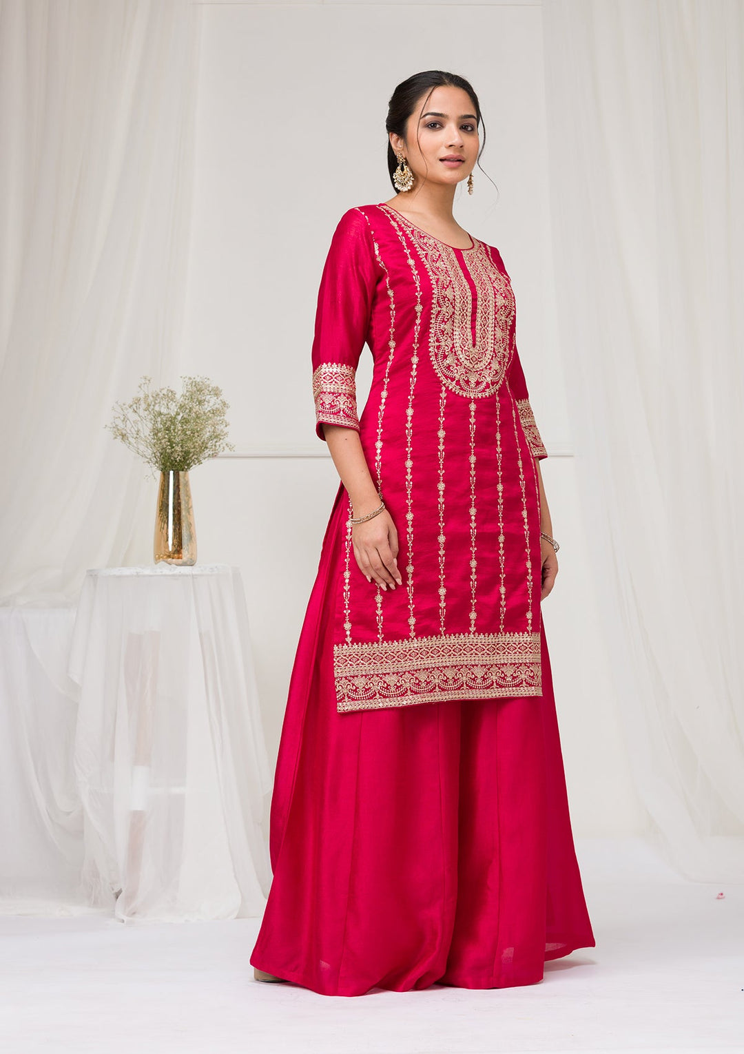 Rani Pink Zariwork Raw Silk Readymade Salwar Suit-Koskii