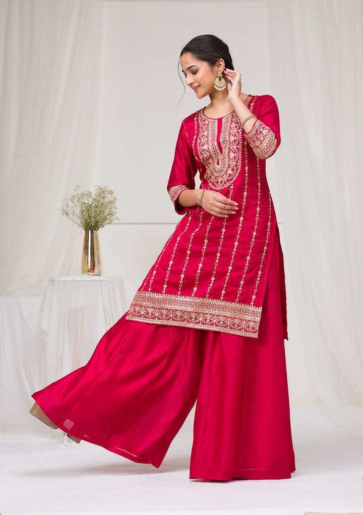 Rani Pink Zariwork Raw Silk Readymade Salwar Suit-Koskii