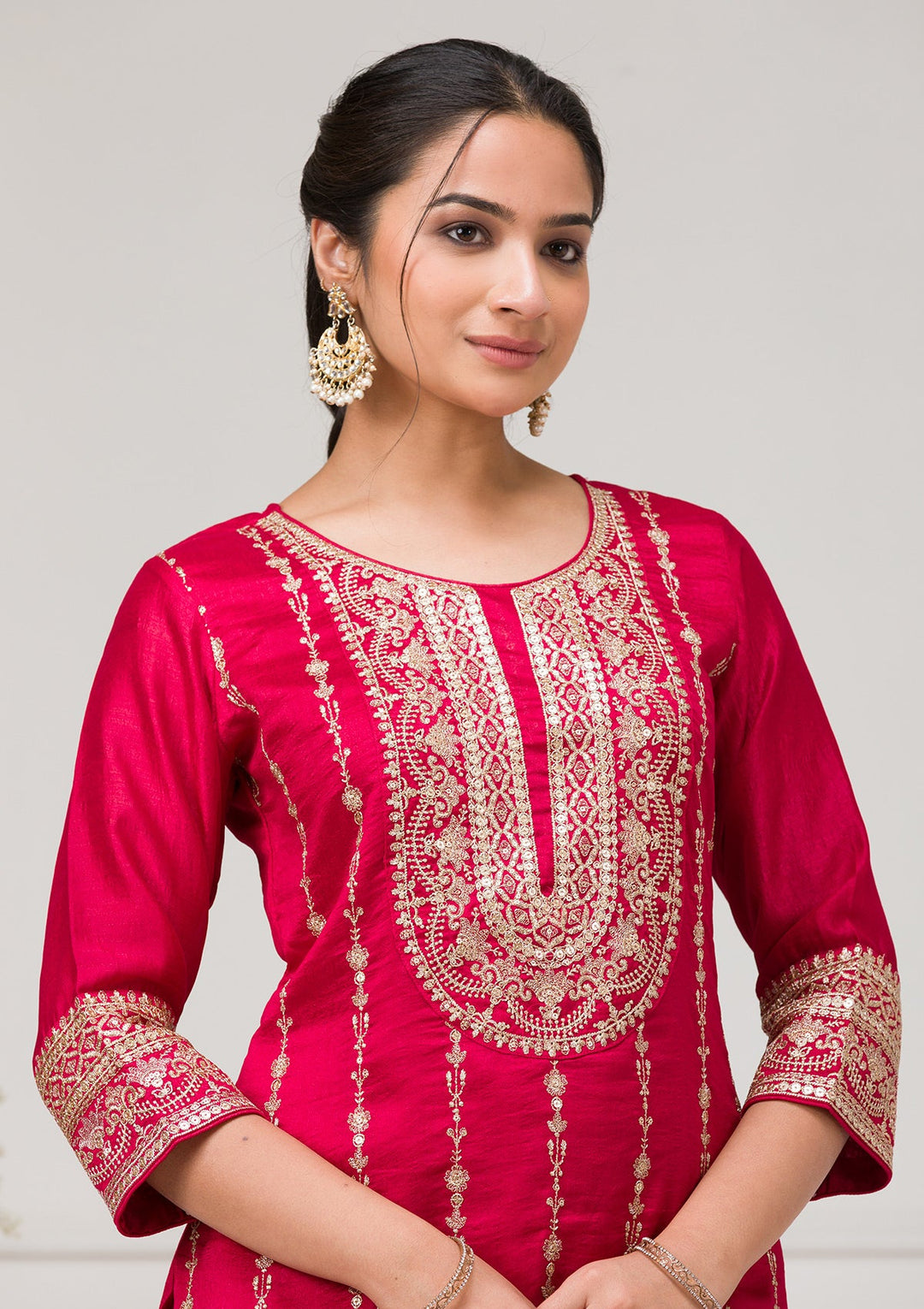 Rani Pink Zariwork Raw Silk Readymade Salwar Suit-Koskii
