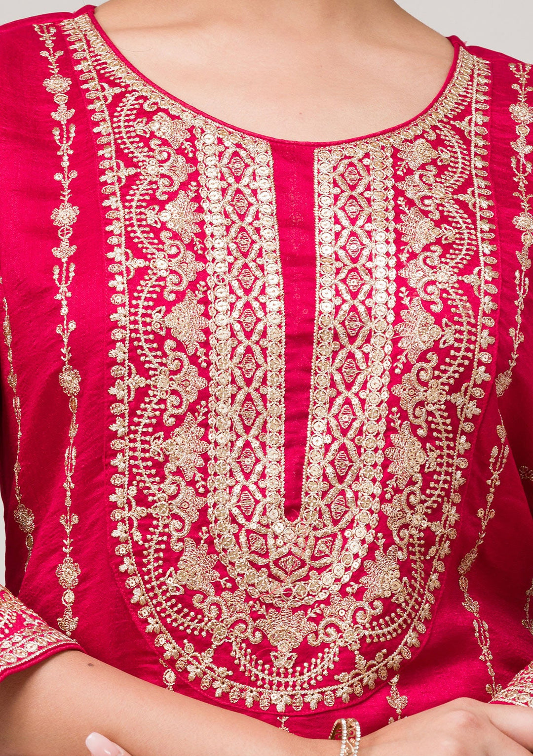 Rani Pink Zariwork Raw Silk Readymade Salwar Suit-Koskii
