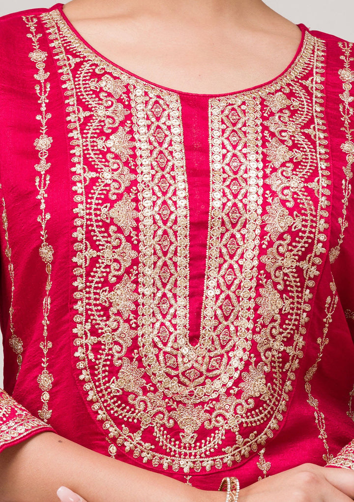 Rani Pink Zariwork Raw Silk Readymade Salwar Suit-Koskii