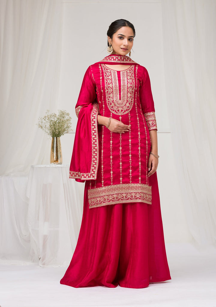 Rani Pink Zariwork Raw Silk Readymade Salwar Suit-Koskii