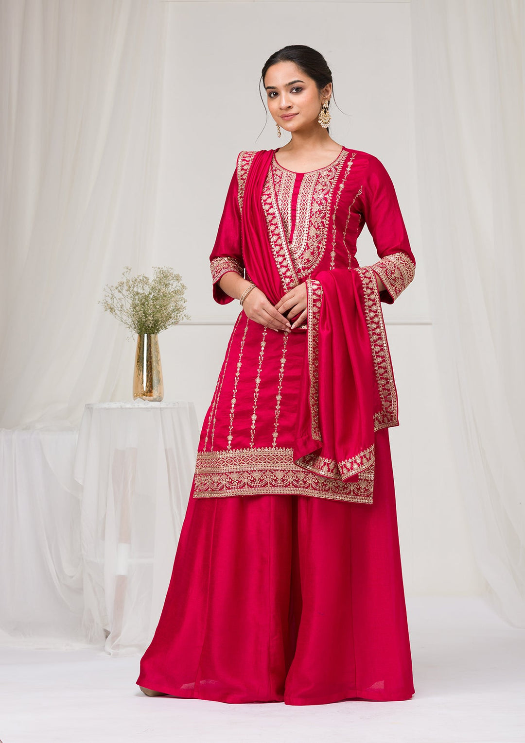 Rani Pink Zariwork Raw Silk Readymade Salwar Suit-Koskii