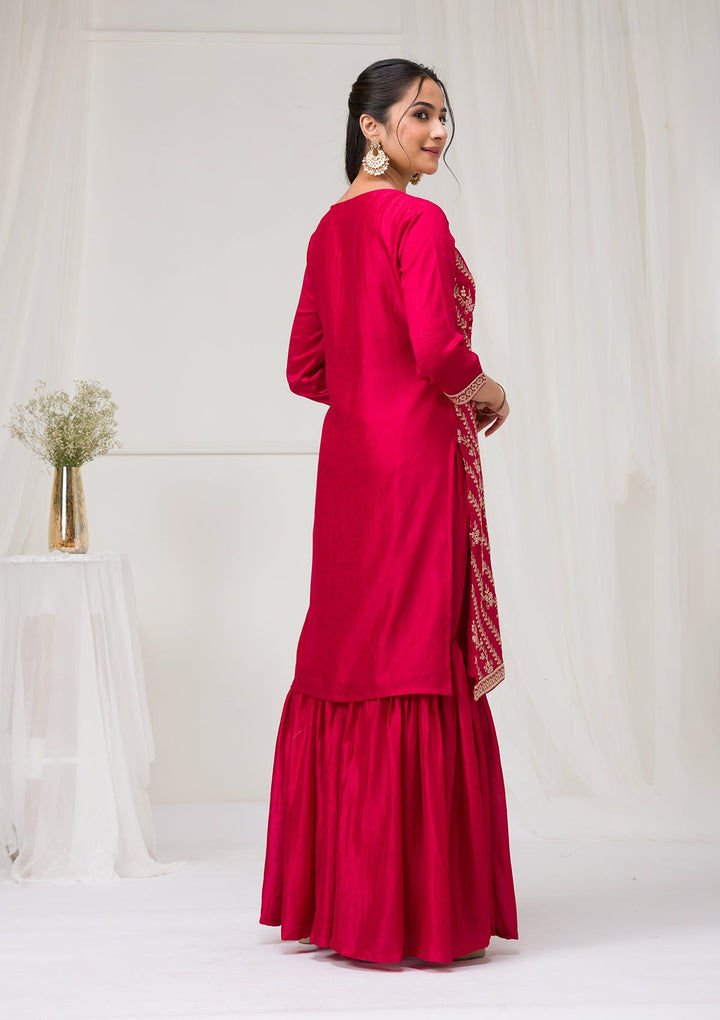 Rani Pink Zariwork Raw Silk Readymade Salwar Suit-Koskii