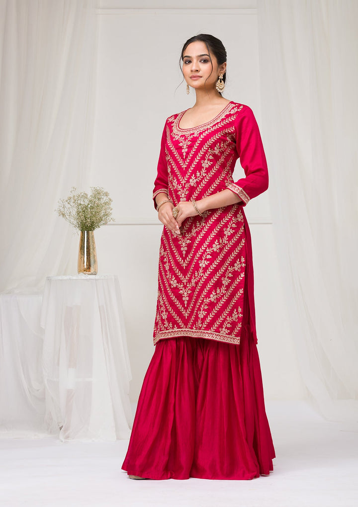 Rani Pink Zariwork Raw Silk Readymade Salwar Suit-Koskii