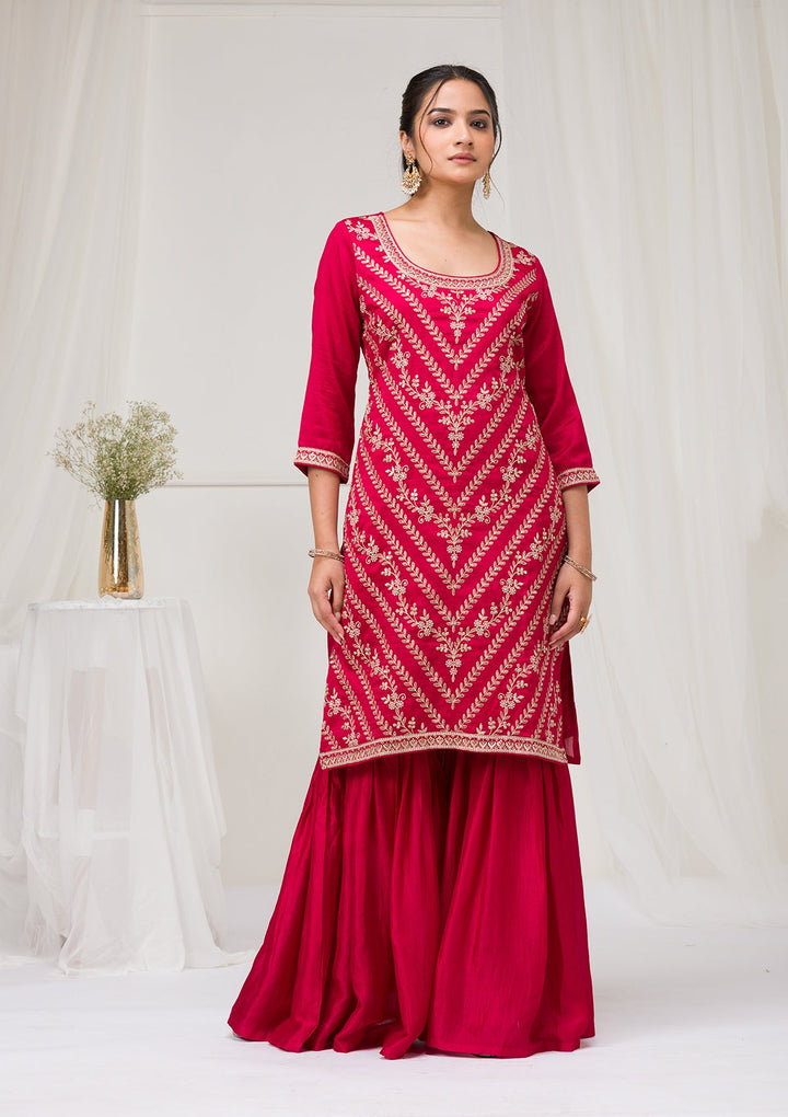 Rani Pink Zariwork Raw Silk Readymade Salwar Suit-Koskii