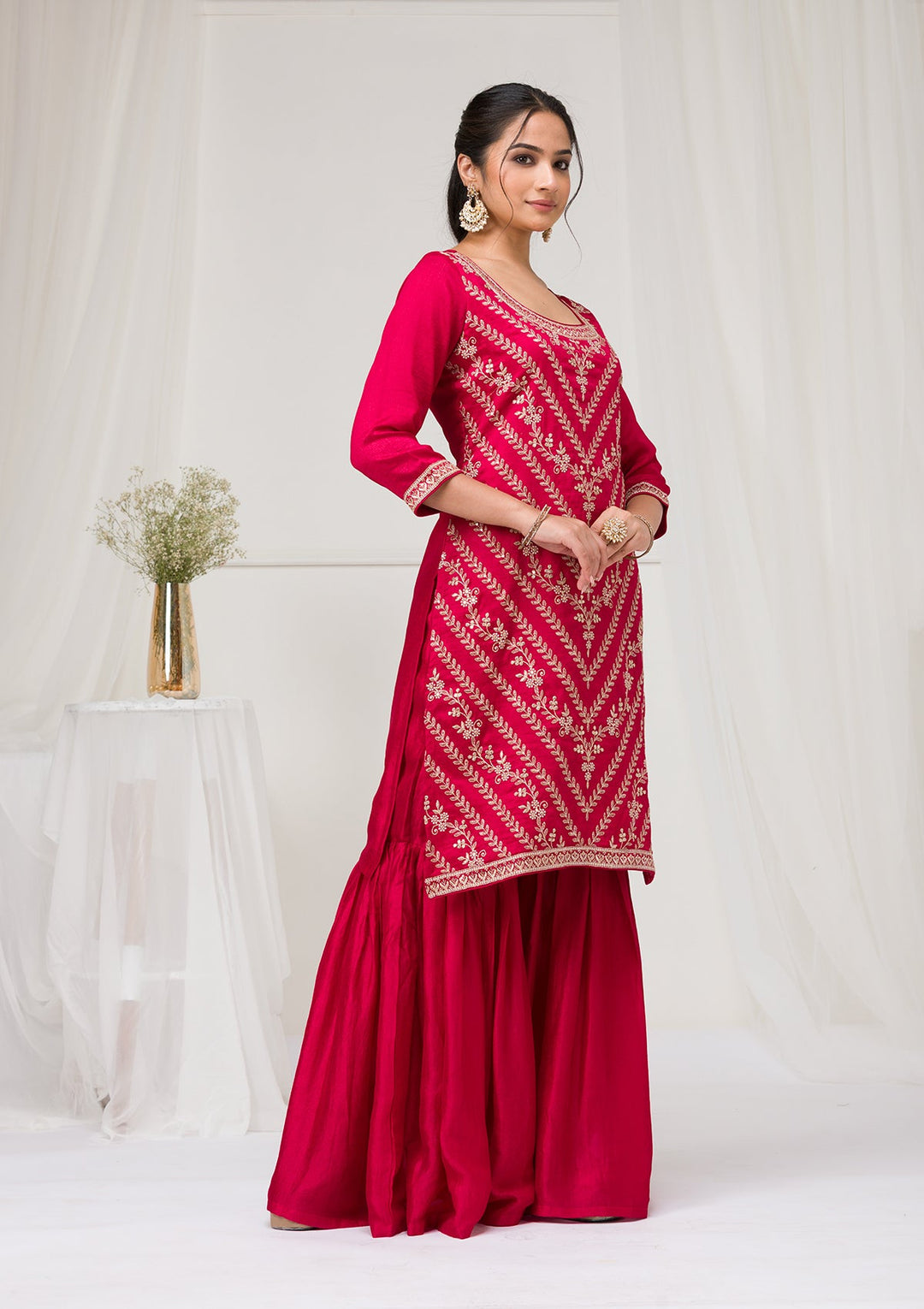 Rani Pink Zariwork Raw Silk Readymade Salwar Suit-Koskii