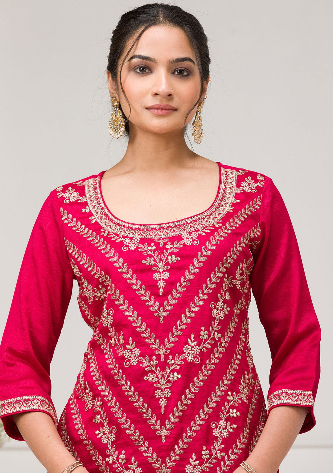 Rani Pink Zariwork Raw Silk Readymade Salwar Suit-Koskii