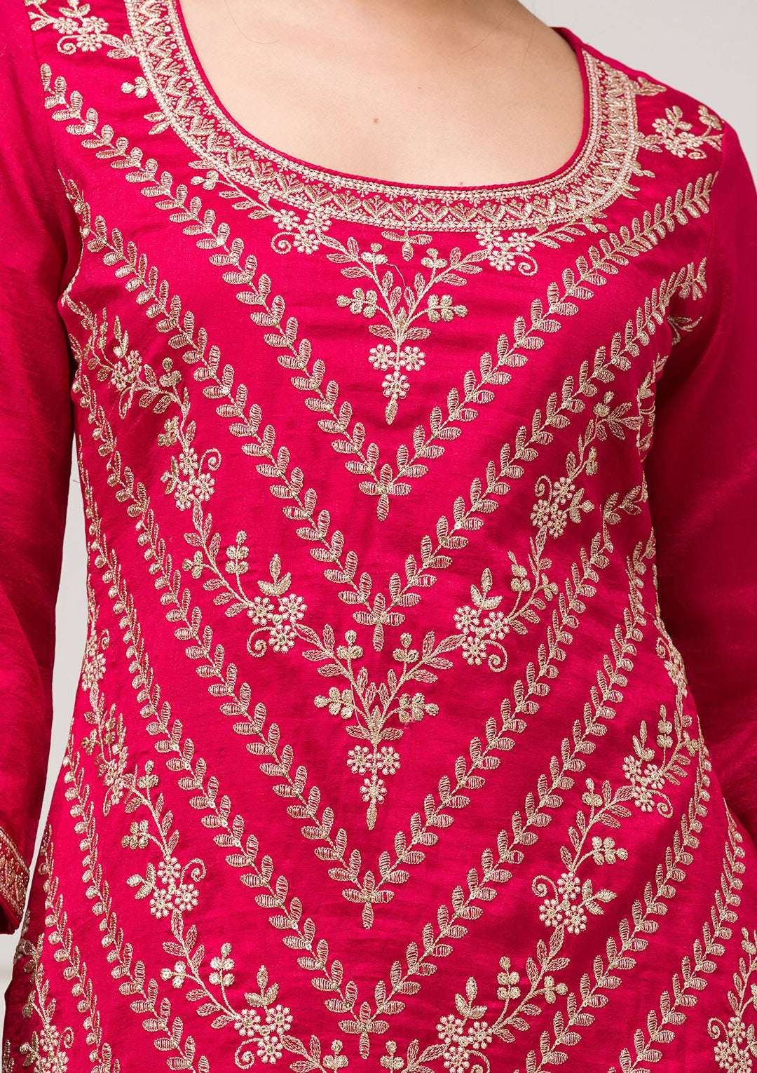 Rani Pink Zariwork Raw Silk Readymade Salwar Suit-Koskii