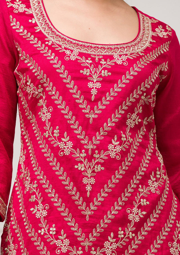 Rani Pink Zariwork Raw Silk Readymade Salwar Suit-Koskii