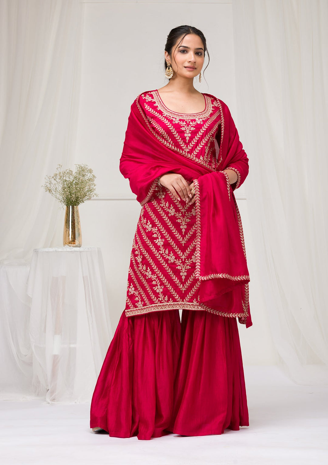 Rani Pink Zariwork Raw Silk Readymade Salwar Suit-Koskii