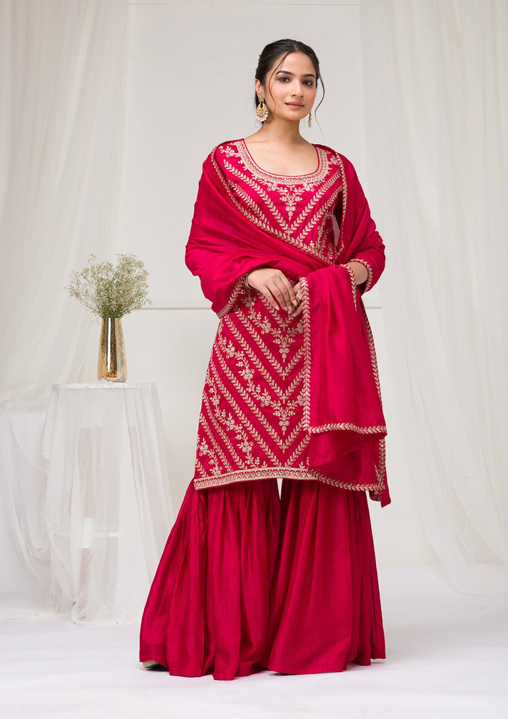 Rani Pink Zariwork Raw Silk Readymade Salwar Suit-Koskii
