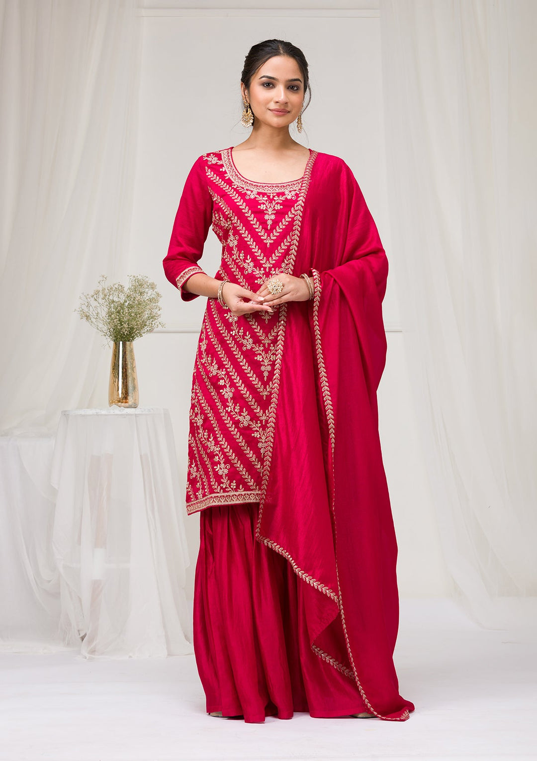 Rani Pink Zariwork Raw Silk Readymade Salwar Suit-Koskii