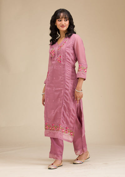 Mauve Threadwork Crepe Readymade Salwar Suit-koskii