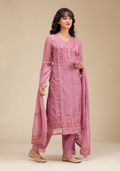 Mauve Threadwork Crepe Readymade Salwar Suit-koskii