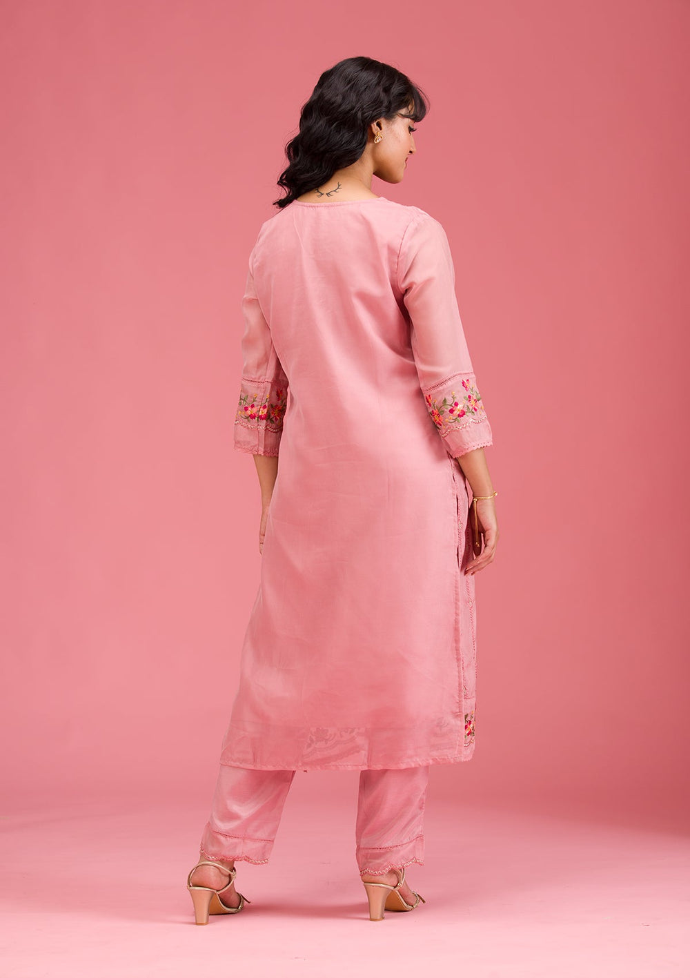 Onion Pink Threadwork Crepe Readymade Salwar Suit-koskii