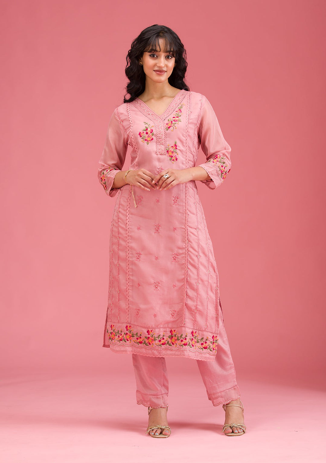 Onion Pink Threadwork Crepe Readymade Salwar Suit-koskii
