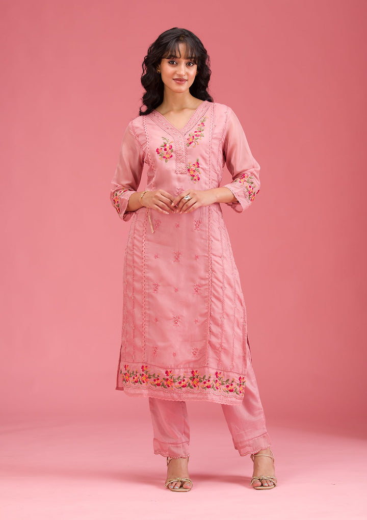 Onion Pink Threadwork Crepe Readymade Salwar Suit-koskii