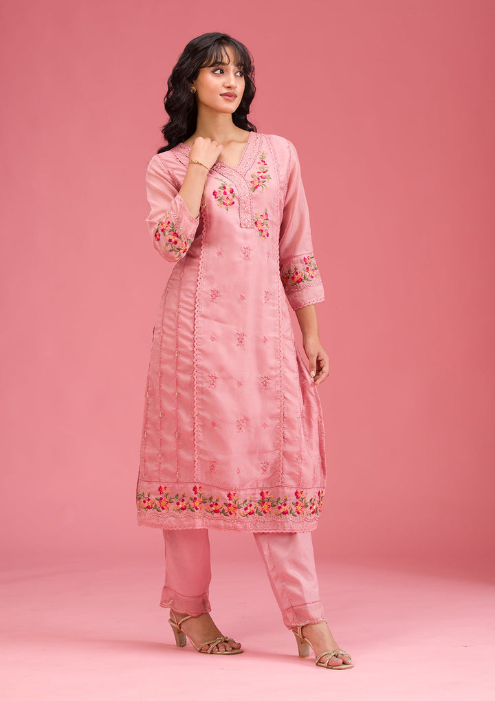 Onion Pink Threadwork Crepe Readymade Salwar Suit-koskii