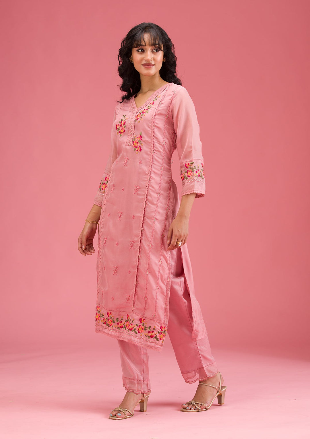 Onion Pink Threadwork Crepe Readymade Salwar Suit-koskii