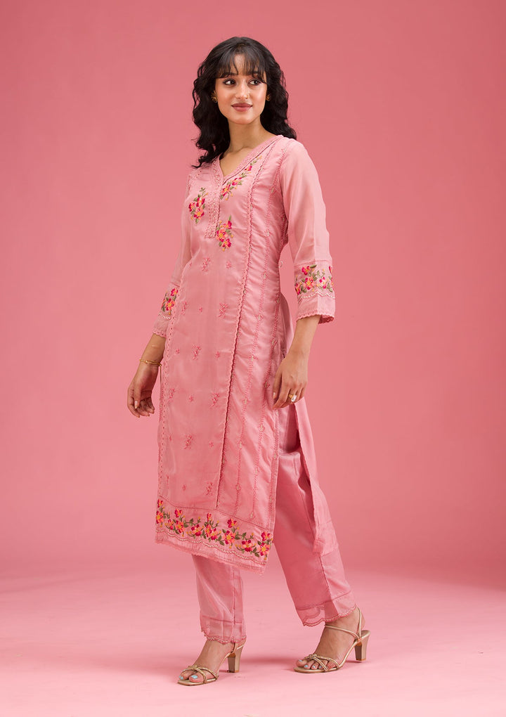 Onion Pink Threadwork Crepe Readymade Salwar Suit-koskii