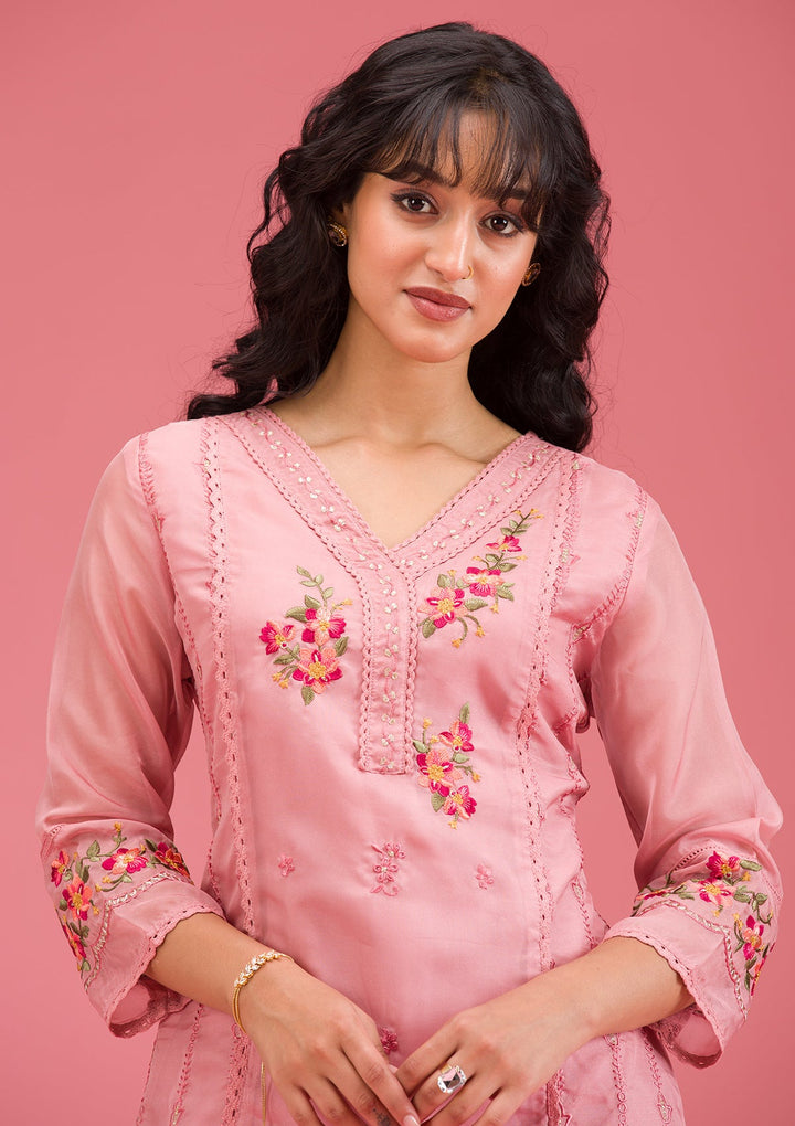 Onion Pink Threadwork Crepe Readymade Salwar Suit-koskii